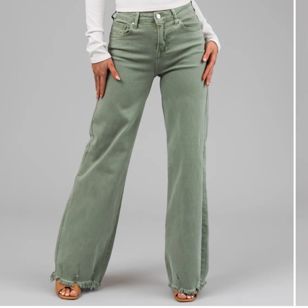 Risen Ivy Sage High Rise Wide Leg Distressed Hem Jeans